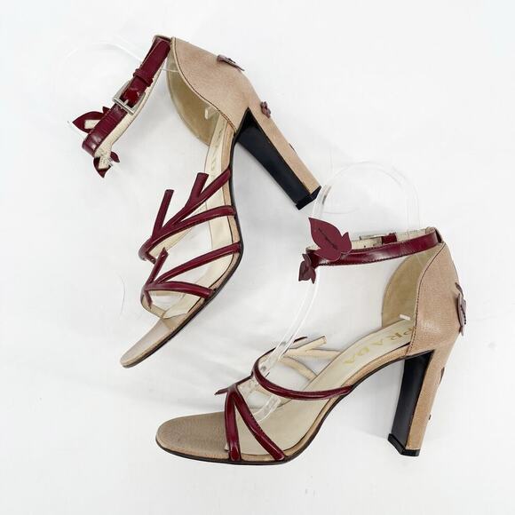 Prada Vintage S/S 1997 Beige Burgundy Leaf Detail Block Heel Sandal size IT 36.5 - Picture 5 of 13
